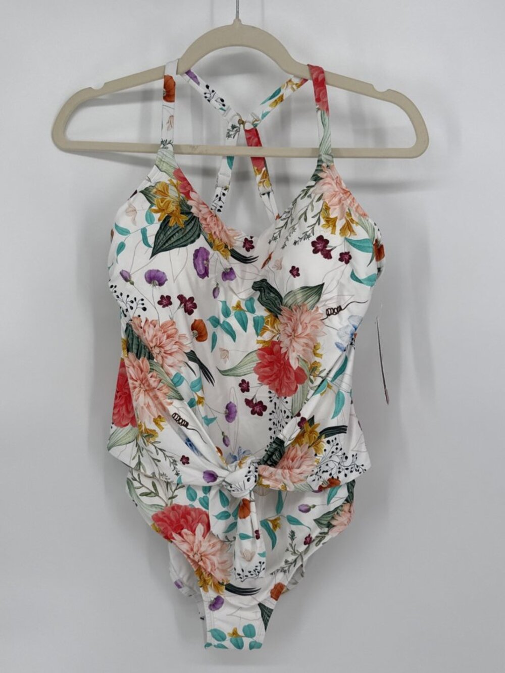 New Jantzen Size 14 White Floral One-piece Swimsuit Tropical Bathing Suit Belted - Picture 2 of 7